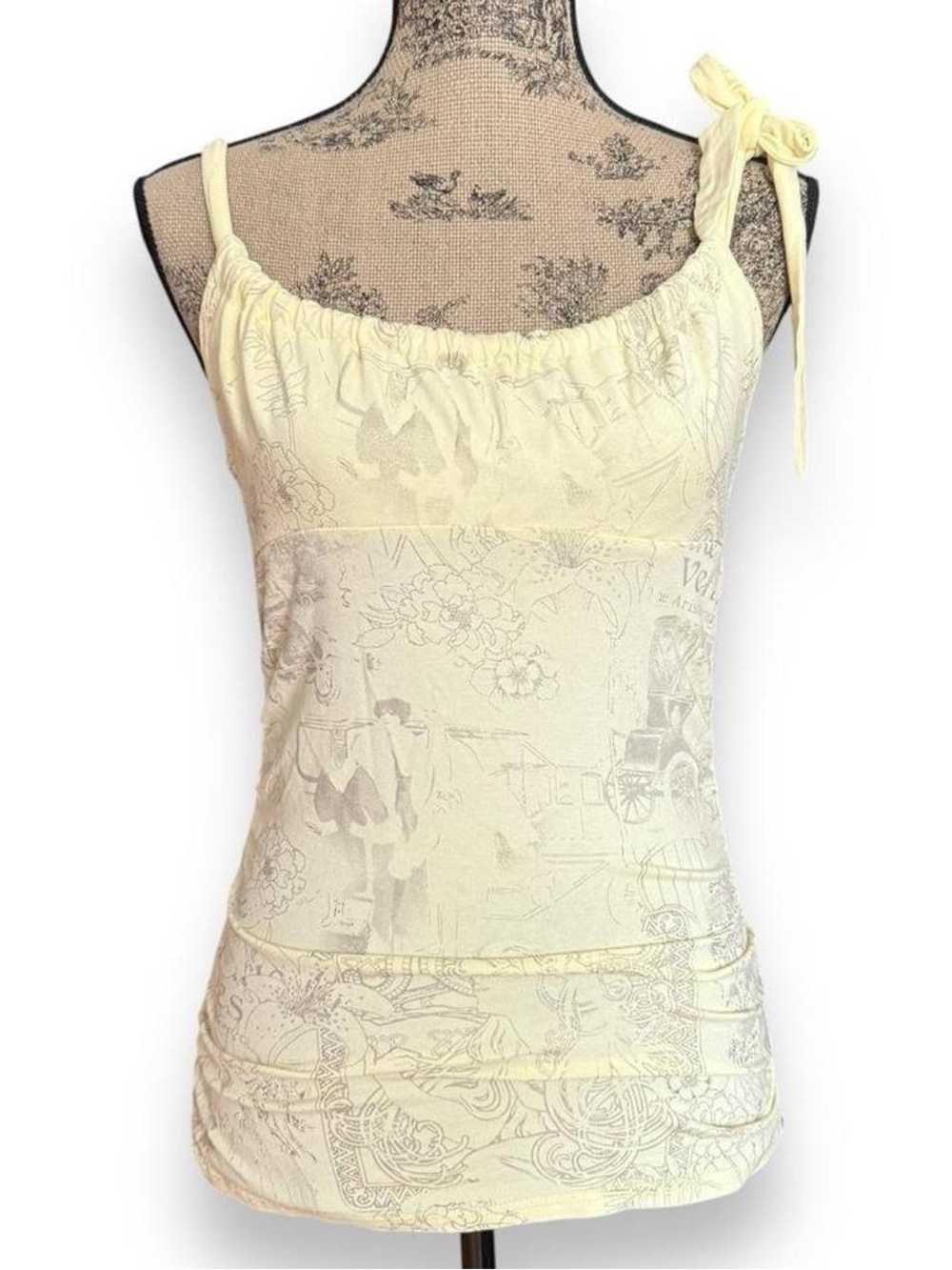 Vintage Cartise Butter Yellow Tie-Shoulder Printed Tank Top Size L